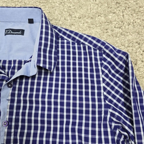 7 Diamonds Shirt Mens Large Purple Plaid Button Up Long Sleeve Cotton Office - Picture 4 of 12